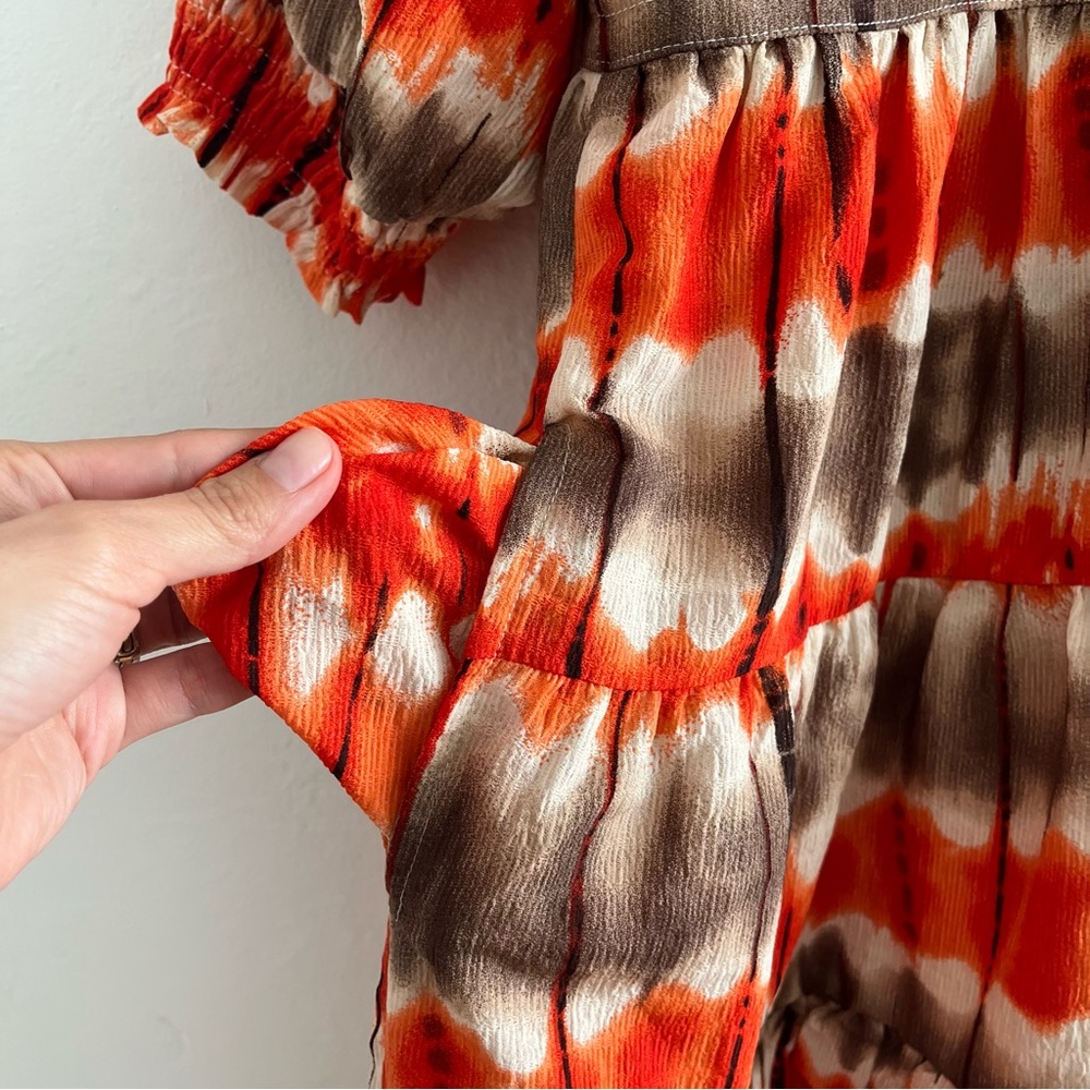 Yakira Bella Dress Tiered Ruffle Hem Size S Orange Tie Dye Boho Balloon Sleeve - Picture 5 of 11